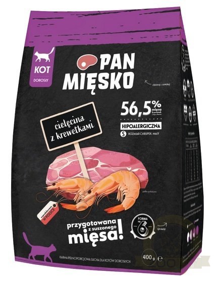 Pan Mięsko Karma sucha dla kota - cielęcina i krewetki chrupki S 400g Pan Mięsko Karma sucha dla kota - cielęcina i krewetki chrupki S 400g
