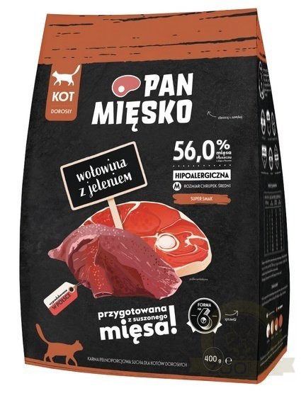 Pan Mięsko Karma sucha dla kota - wołowina i jeleń chrupki M 400g Pan Mięsko Karma sucha dla kota - wołowina i jeleń chrupki M 400g