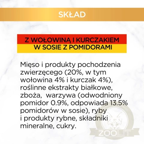 Purina Gourmet Gold z wołowiną i kurczakiem w sosie z pomidorami 85g Purina Gourmet Gold z wołowiną i kurczakiem w sosie z pomidorami 85g