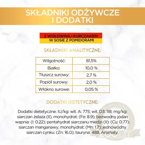 Purina Gourmet Gold z wołowiną i kurczakiem w sosie z pomidorami 85g Purina Gourmet Gold z wołowiną i kurczakiem w sosie z pomidorami 85g