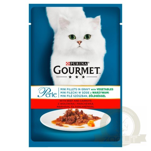 Purina Gourmet Perle Karma dla kotów mini fileciki w sosie z wołowiną i marchewką 85 g Purina Gourmet Perle Karma dla kotów mini fileciki w sosie z wołowiną i marchewką 85 g
