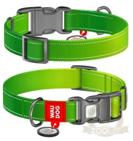 Collar WauDog Nylon Mono Obroża nylonowa odblaskowa z QR-paszportem, plastikowy fastex, M 20mm/28-40cm jasnozielona