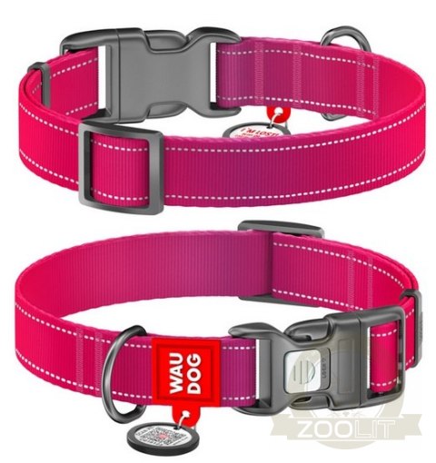 Collar WauDog Nylon Mono Obroża nylonowa odblaskowa z QR-paszportem, plastikowy fastex, S 15mm/25-35cm różowa