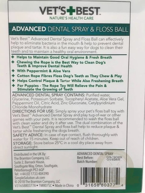VET'S BEST Advanced Dental Spray 120ml + Sznurkowa Piłka 6cm VET'S BEST Advanced Dental Spray 120ml + Sznurkowa Piłka 6cm