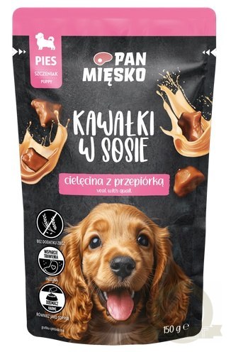 Pan Mięsko Karma mokra dla psa - Puppy cielęcina z przepiórką kawałki w sosie saszetka 150g