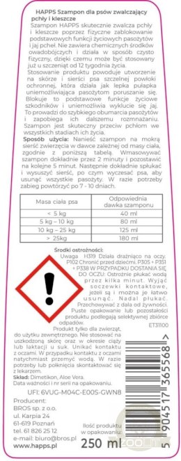 HAPPS Szampon dla Psów Zwalczający Pchły i Kleszcze 250 ml