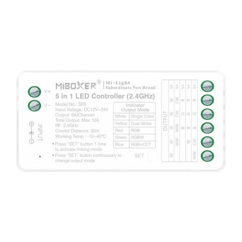 Odbiornik taśm LED 5w1 MONO/CCT/RGB/RGBW/RGBCCT 12A 2,4G RF (FUT037S+)