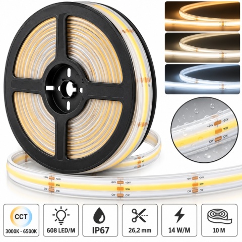 TAŚMA LED COB CCT 24V 14,4W/M 608 LED/M 3000-6500K WODOODPORNA 10METRÓW