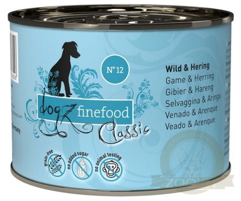 Dogz Finefood Classic N.12 Dziczyzna i śledź puszka 200g Dogz Finefood Classic N.12 Dziczyzna i śledź puszka 200g