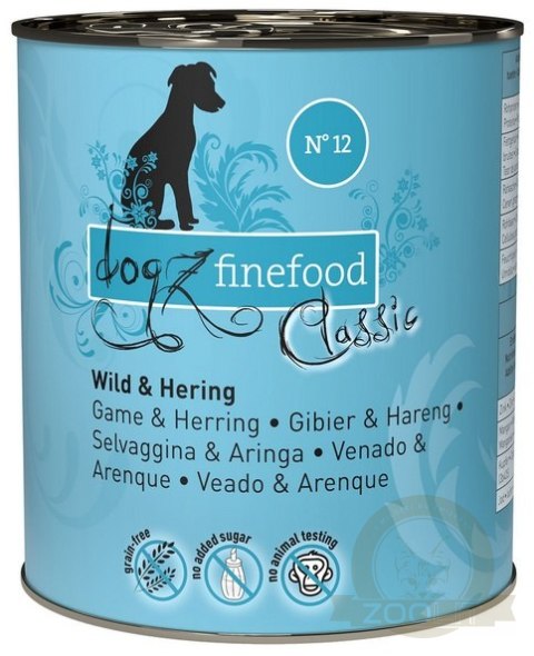 Dogz Finefood Classic N.12 Dziczyzna i śledź puszka 800g Dogz Finefood Classic N.12 Dziczyzna i śledź puszka 800g