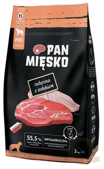 Pan Mięsko Karma sucha dla psa - cielęcina i indyk chrupki XS 3kg Pan Mięsko Karma sucha dla psa - cielęcina i indyk chrupki XS 3kg